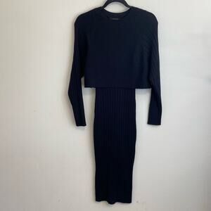 Allsaints Women's Tarun Dress Sweater Ribbed Midi Stretch Wool 2 in 1 Black S